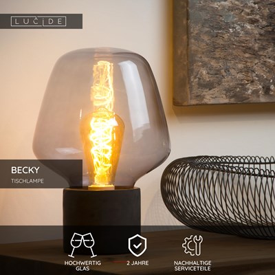 Lucide BECKY - Tischlampe - Ø 20 cm - 1xE27 - Rauchfarbe Grau